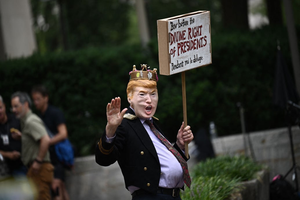 Photograph of a Donald Trump impersonator holding a protest sign outside US District Court