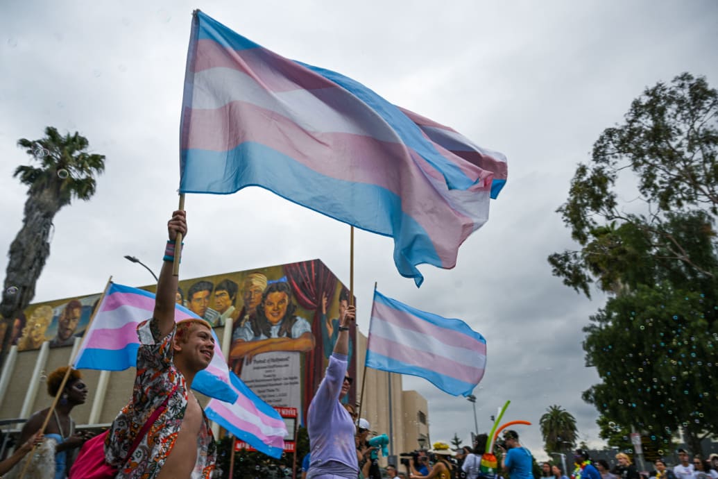 People wave a Transgender Pride flag as they attend the 2023 LA Pride Parade on June 11, 2023 in Hollywood, California.