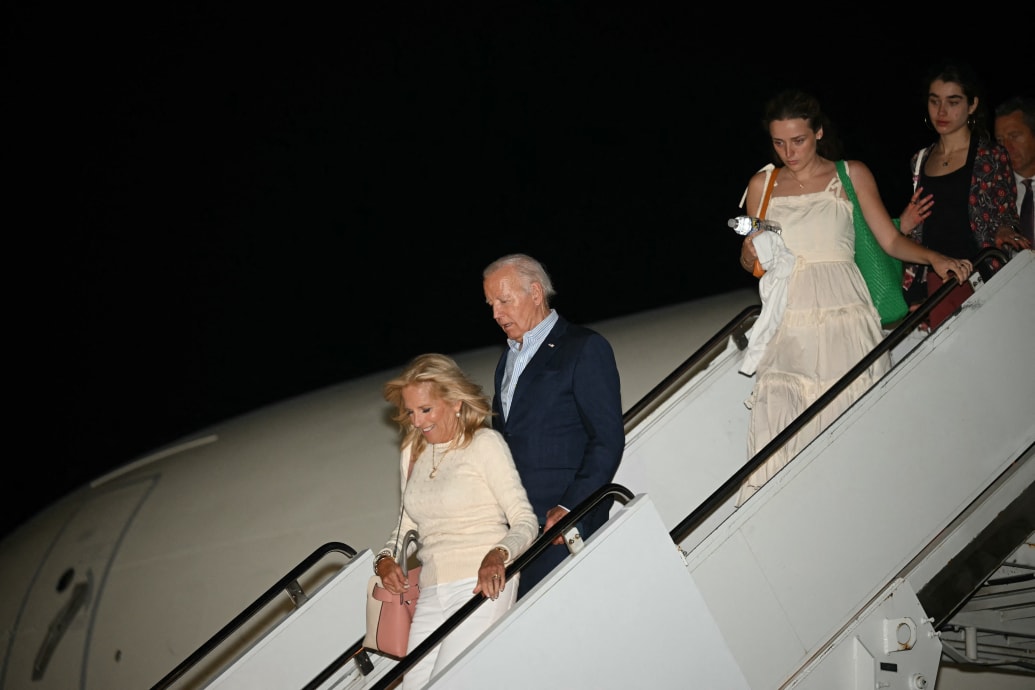 U.S. President Joe Biden, First Lady Jill Biden, granddaughters Natalie (R) and Finnegan (2nd R),step off Air Force One upon arrival at Hagerstown Regional Airport in Hagerstown, Maryland enroute Camp David on June 29, 2024. 