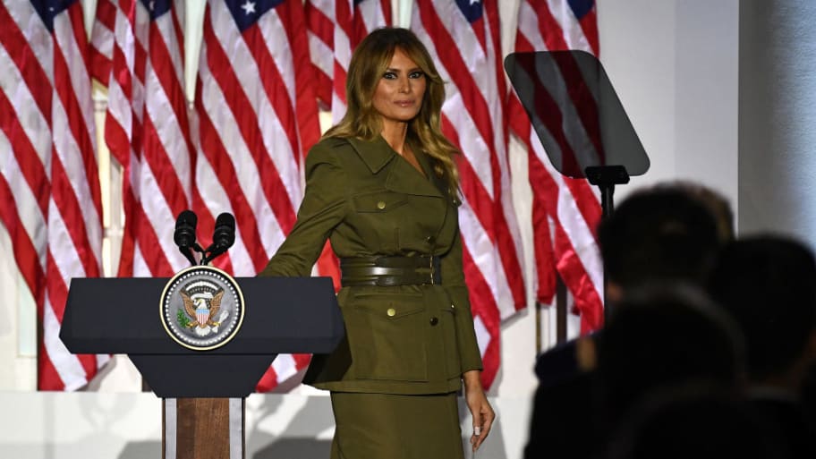 First Lady Melania Trump looks on after addressing the Republican Convention during its second day from the Rose Garden of the White House in 2020.