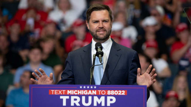 Republican vice presidential nominee J.D. Vance (R-OH) speaks at the first public rally with his running mate, former U.S. President Donald Trump.