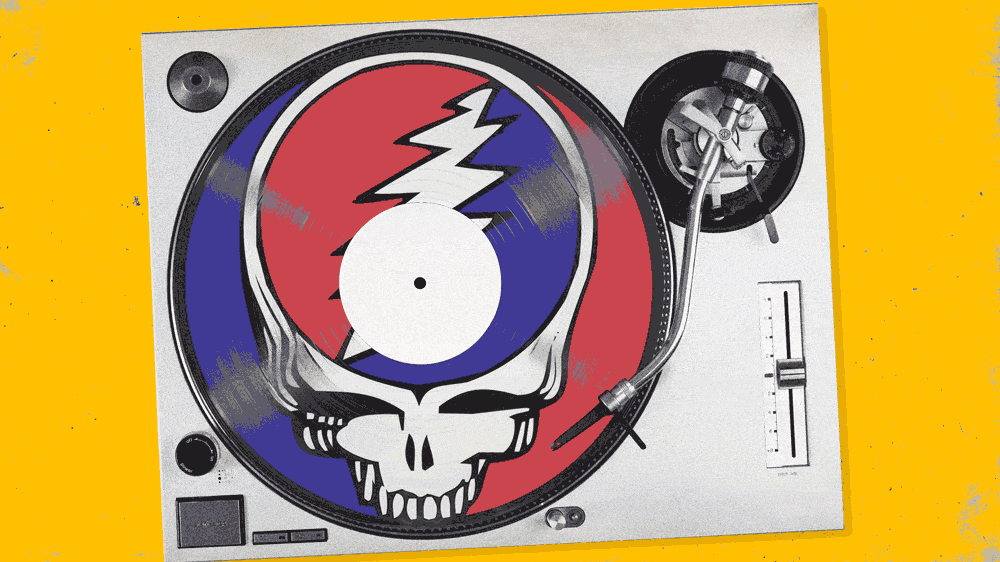Illustrated GIF of the Grateful Dead skull logo on a rotating vinyl record player.