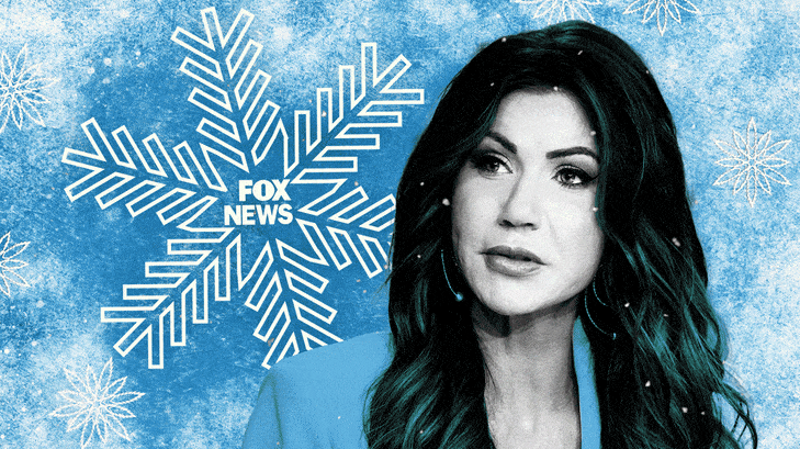 An illustration including a photo of Kristi Noem. snow, and fox news snowflakes.