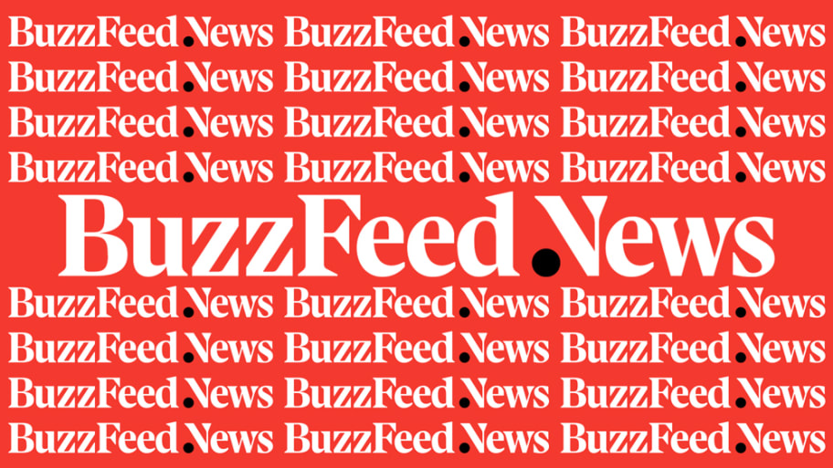 BuzzFeed News logo tiled repeatedly on a red background.