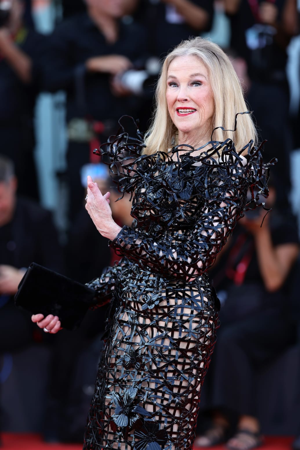 Catherine O'Hara reacts on the red carpet during the Venice Film Festival on August 28, 2024.