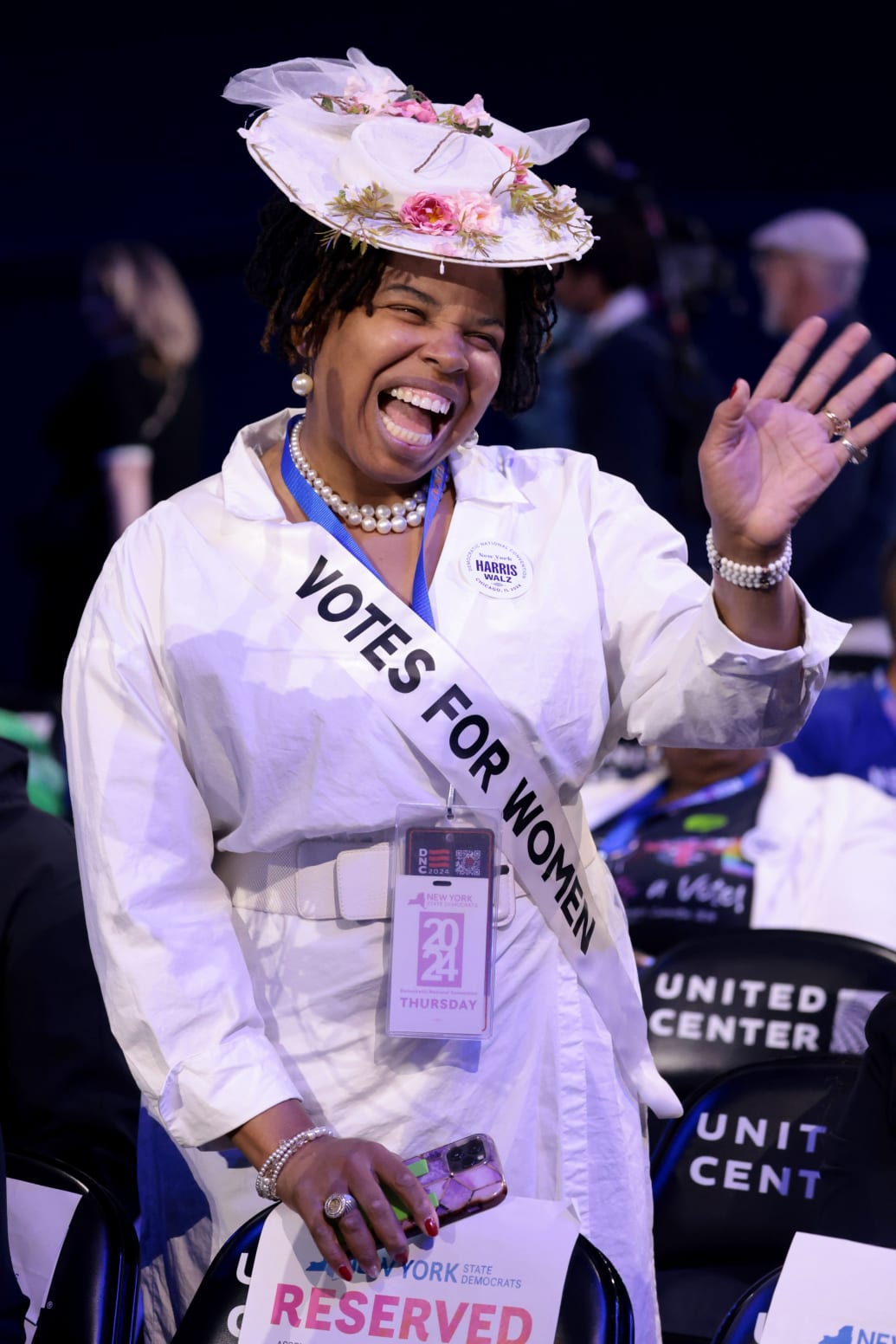 Woman in white at the DNC