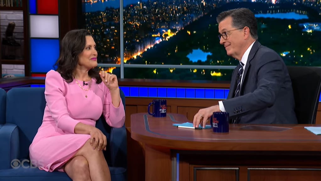 Michigan Gov. Gretchen Whitmer and Stephen Colbert.