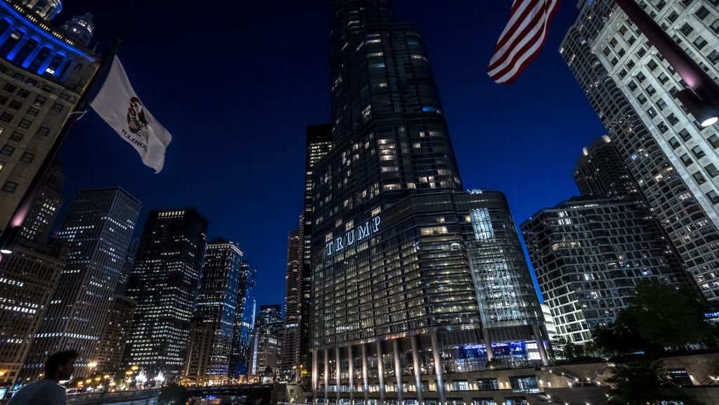 A view of the Trump Tower as colorful lights illuminate the streets in Chicago.