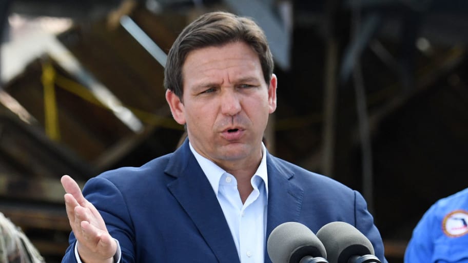 Florida Governor Ron DeSantis speaks to a neighborhood impacted by Hurricane Ian at Fisherman's Wharf in Fort Myers, Florida. 