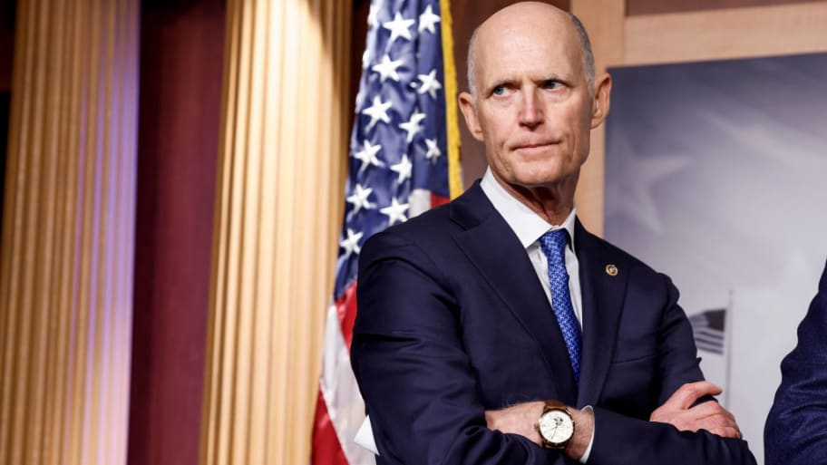 Sen. Rick Scott (R-FL) is seen listening during a news conference at the U.S. Capitol Building in Washington, DC.