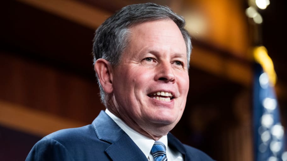 Senator Steve Daines, chairman of the National Republican Senatorial Committee, conducts a news conference after the Senate Republican Conference leadership elections in the U.S. Capitol on Wednesday, November 16, 2022.