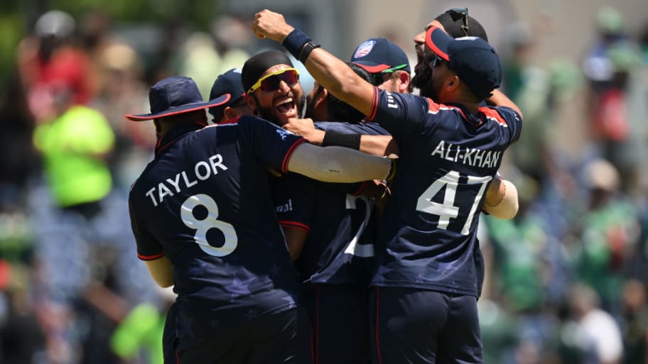 Team USA celebrates victory over Pakistan during the ICC Men's T20 Cricket World Cup.