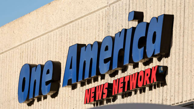 The One America News Network logo is displayed on the One America News Network headquarters on February 2, 2024 in San Diego, California.