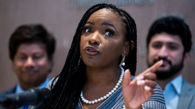 Rep. Jasmine Crockett, D-Texas, speaks during a news conference with newly elected incoming members of the Congressional Progressive Caucus at the AFL-CIO building in Washington, D.C., on Sunday, November 13, 2022.