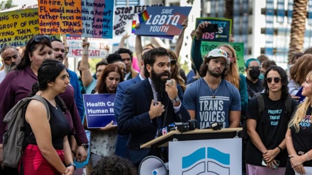 Kaleb Hobson-Garcia, a transgender man, drove from Tallahassee to speak during a press conference in front of the Marriott Fort Lauderdale Airport as the Florida Board of Medicine met in August 2022.