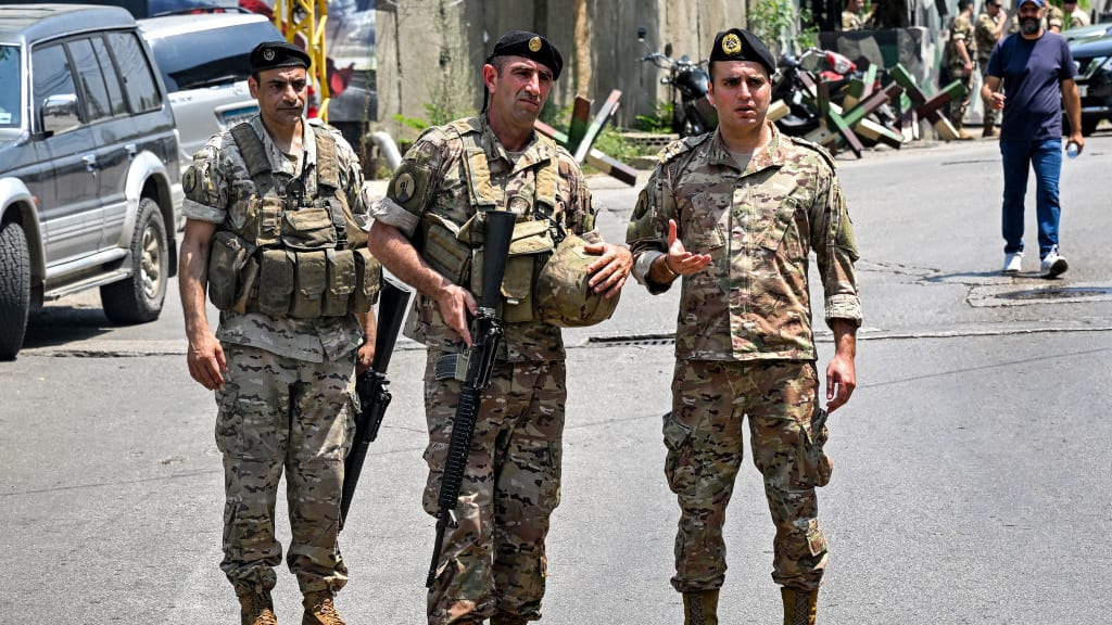 Lebanese army soldiers deploy near the U.S. embassy in Beirut on June 5, 2024, after a Syrian man was arrested following a shooting near the embassy. 