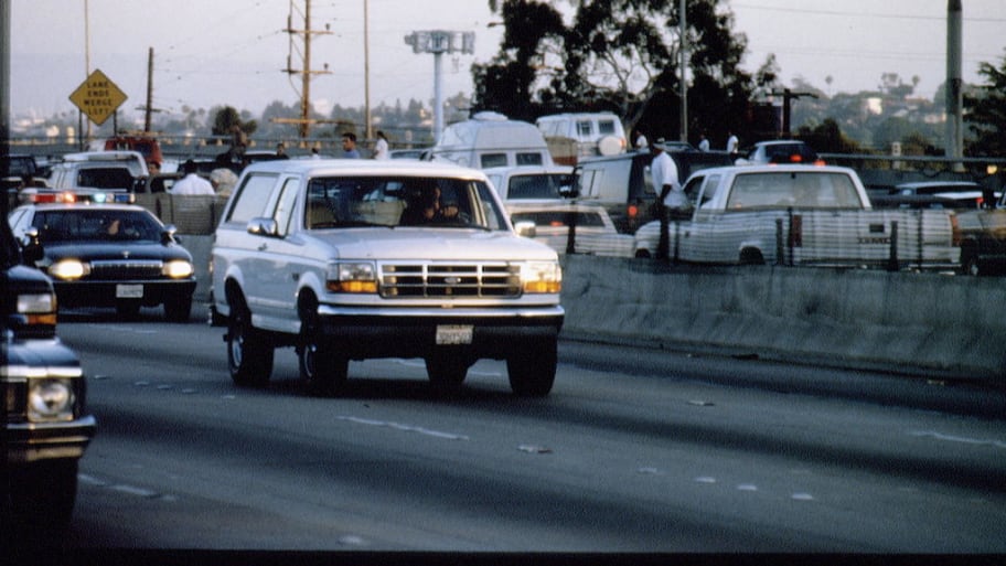 The white Ford Bronco carrying fugitive murder suspect O.J. Simpson during a 90-minute slow-speed car chase down the 405 freeway in Los Angeles.