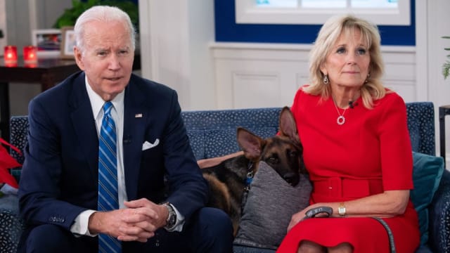 US President Joe Biden and US First Lady Jill Biden, with their dog Commander