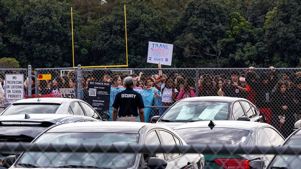 Monarch High School students conduct a walkout on Nov. 28, 2023, after the principal and others were reassigned over a female transgender student being allowed to play volleyball on the girls’ team at the school in Coconut Creek, Florida. 