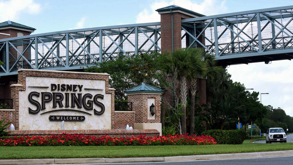 Entrance to Disney Springs photographed from road