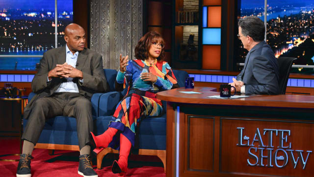 The Late Show with Stephen Colbert and guests Gayle King & Charles Barkley during Tuesday's January 9, 2024 show. 