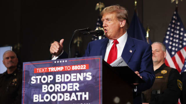 Former U.S. President Donald Trump speaks at a campaign event in Grand Rapids, Michigan.