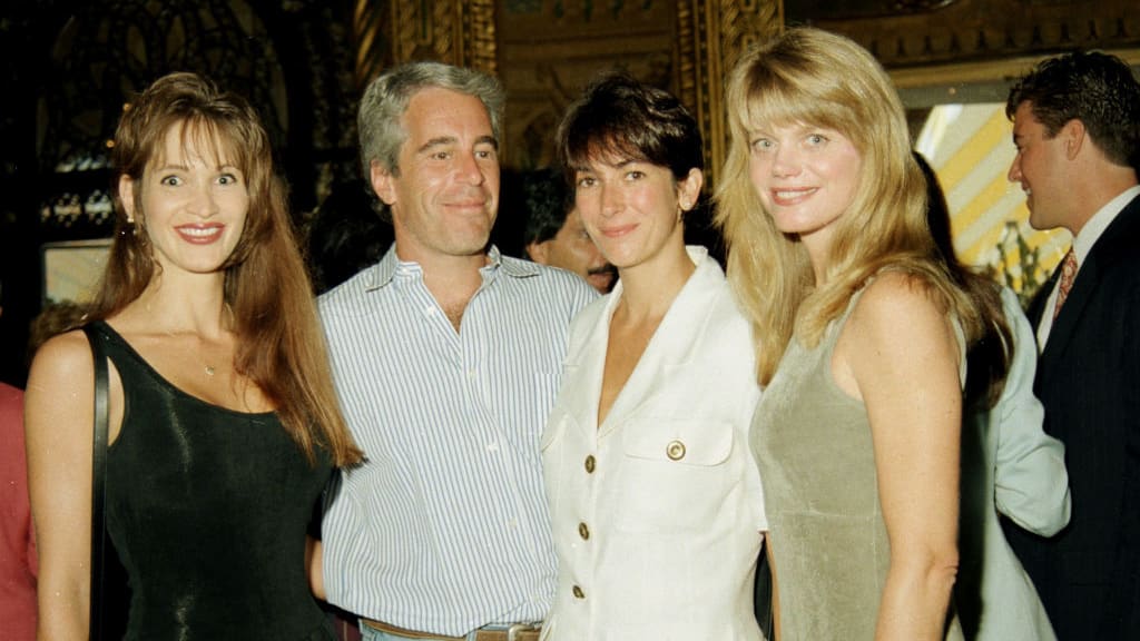 Deborah Blohm, Jeffrey Epstein, Ghislaine Maxwell and Gwendolyn Beck at a party at the Mar-a-Lago club, Palm Beach, Florida, 1995