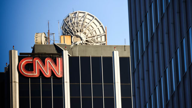 The CNN logo is seen on a building.
