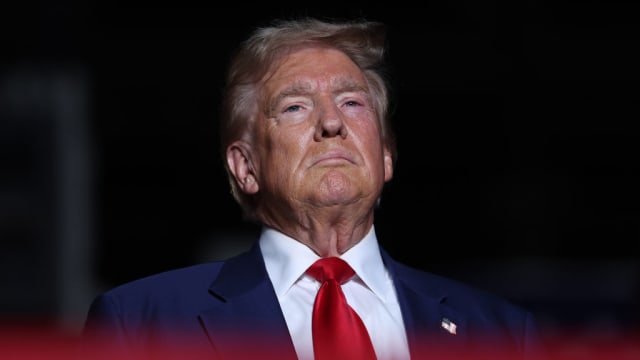 Republican presidential nominee, former U.S. President Donald Trump, looks one during a campaign rally at The Expo at World Market Center Las Vegas on September 13, 2024 in Las Vegas, Nevada.