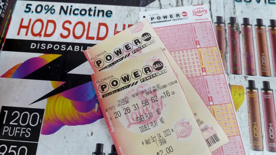 Powerball tickets are seen on a counter after being purchased in a store on Oct. 4, 2023 in Miami, Florida.