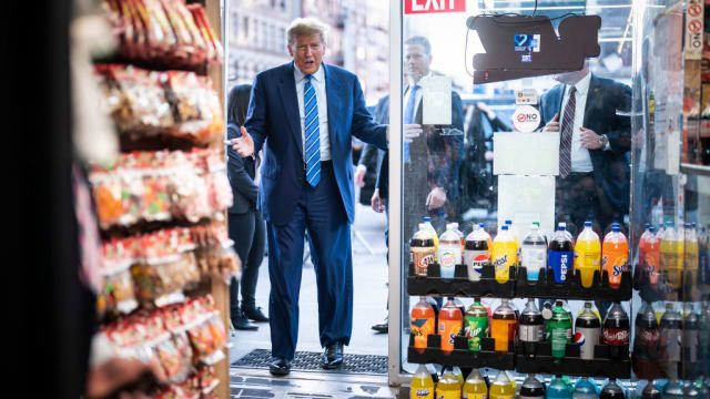 Former President Donald Trump visits Sanaa convenient store, a bodega in upper Manhattan, minutes after leaving Manhattan criminal court.