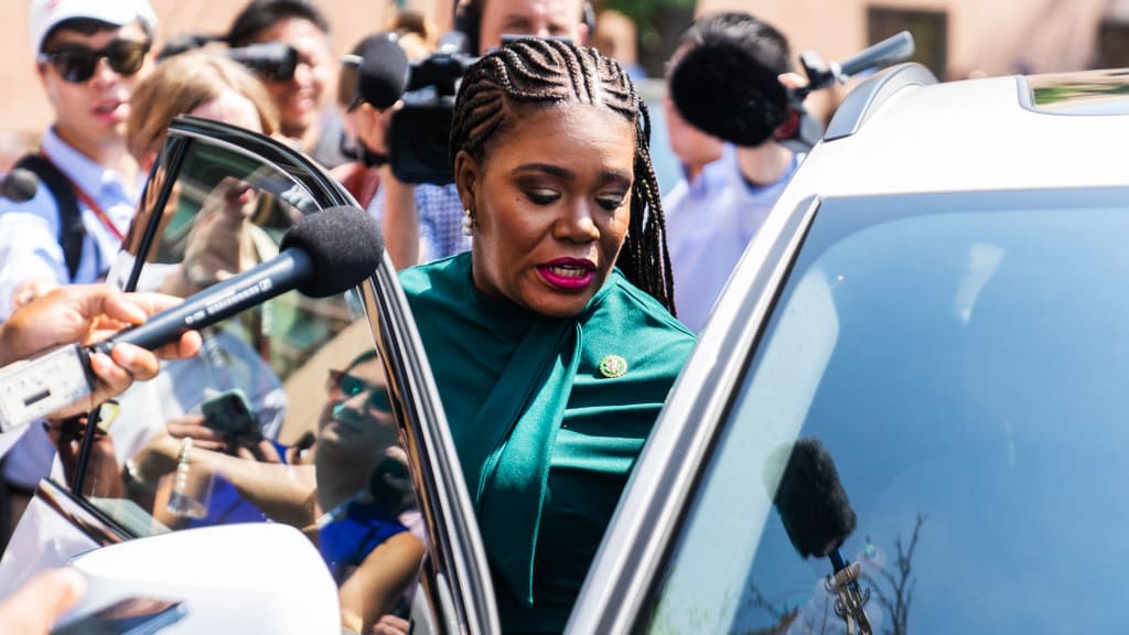 Rep. Cori Bush, D-Mo., leaves a meeting of the House Democratic Caucus about the candidacy of President Joe Biden at the Democratic National Committee on Tuesday, July 9, 2024. 