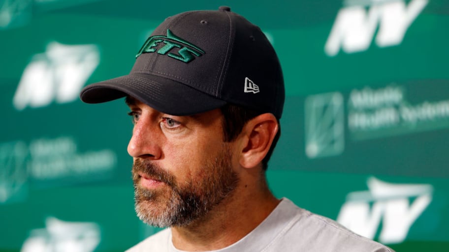 Aaron Rodgers speaks to the media during the New York Jets OTA Offseason Workout at Atlantic Health Jets Training Center in Florham Park, New Jersey.