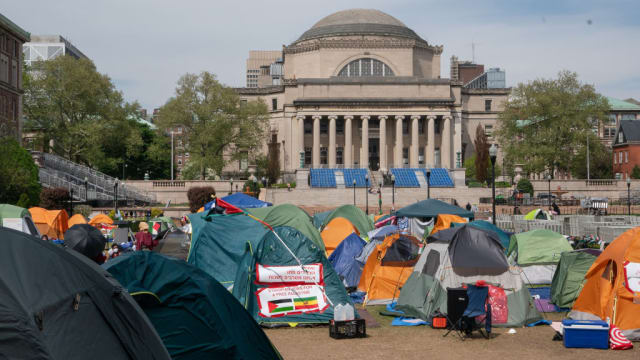 Pro-Palestinian students protest at Columbia University—the Columbia Law Review website was taken down after the journal published an article accusing Israel of genocide.