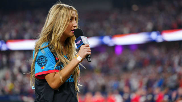 Ingrid Andress sings the national anthem prior to the 2024 T-Mobile Home Run Derby at Globe Life Field in Arlington, Texas.