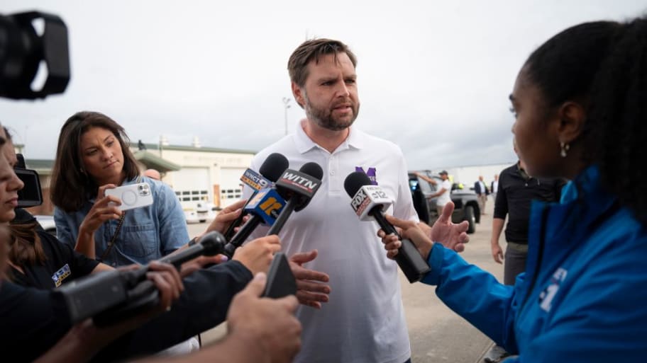 Sen. J.D. Vance speaks with media at the airport before he departs Greenville, North Carolina. 