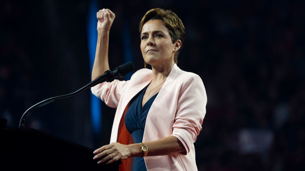 Kari Lake speaks during a campaign rally for Republican presidential nominee Donald Trump.