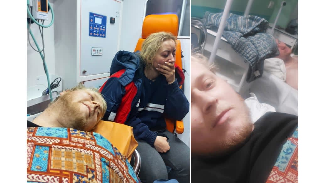 Emil Filtenborg (left) in the ambulance and then in hospital with Stefan Weichert