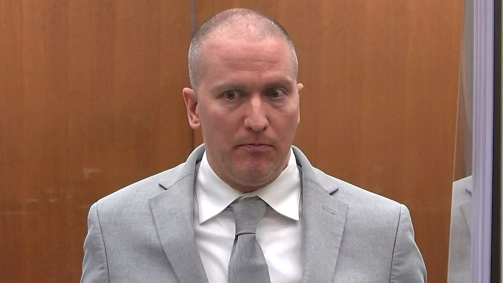 Former Minneapolis police officer Derek Chauvin addresses his sentencing hearing and the judge as he awaits his sentence in Minneapolis on June 25, 2021.