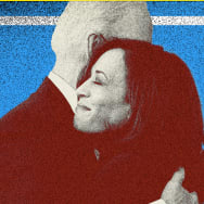Photo illustration of Kamala Harris and Joe Biden hugging on a yard sign