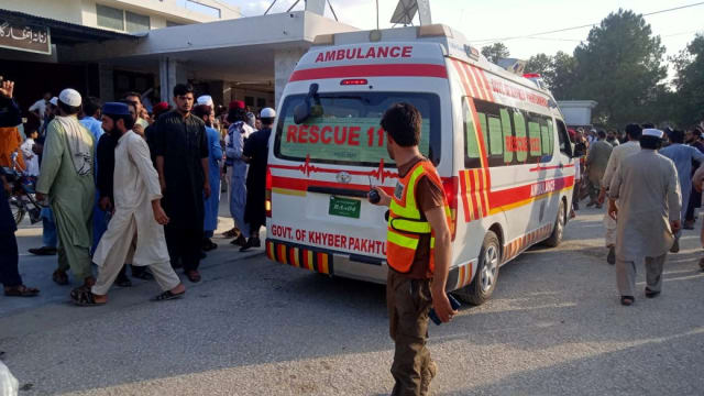 An ambulance carries the injured to the hospital, after a blast in Bajaur district of Khyber Pakhtunkhwa province, Pakistan July 30, 2023.
