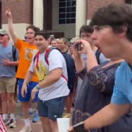 Ole Miss counter protesters mocking Black protester (off screen) on Thursday, May 2, 2024