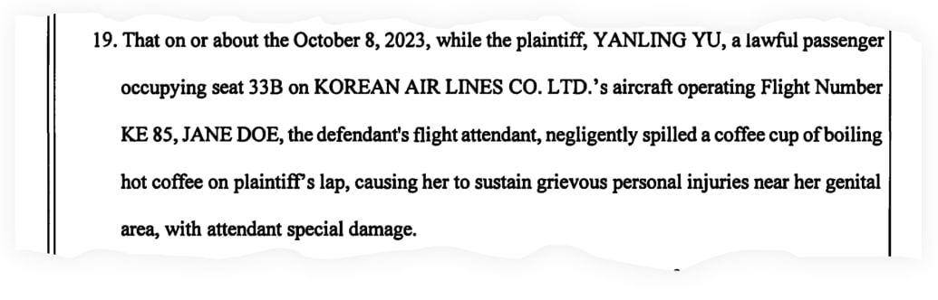 A snippet from Yanling Yu’s lawsuit against Korean Air.