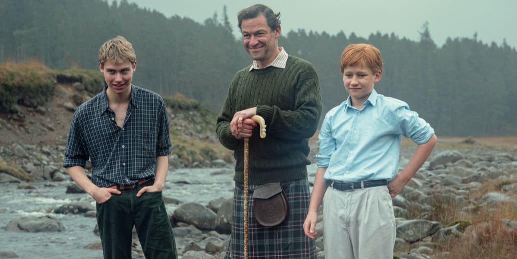 Rufus Kampa as Prince William, Dominic West as Prince Charles, and Fflyn Edwards as Prince Harry in 'The Crown.'