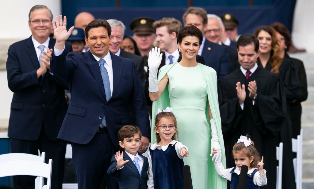 Florida Gov. Ron DeSantis, Mason, Madison, Casey DeSantis and Mamie wave to the crowd during an inauguration ceremony at the historic Florida Capitol on Jan. 3, 2023, in Tallahassee, Florida.
