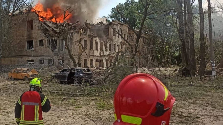 A view shows a clinic heavily destroyed by a Russian missile strike in Dnipro, Ukraine, May 26, 2023. 