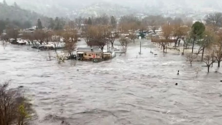 Flooding from the overflowed Kern River in Kernville, California.