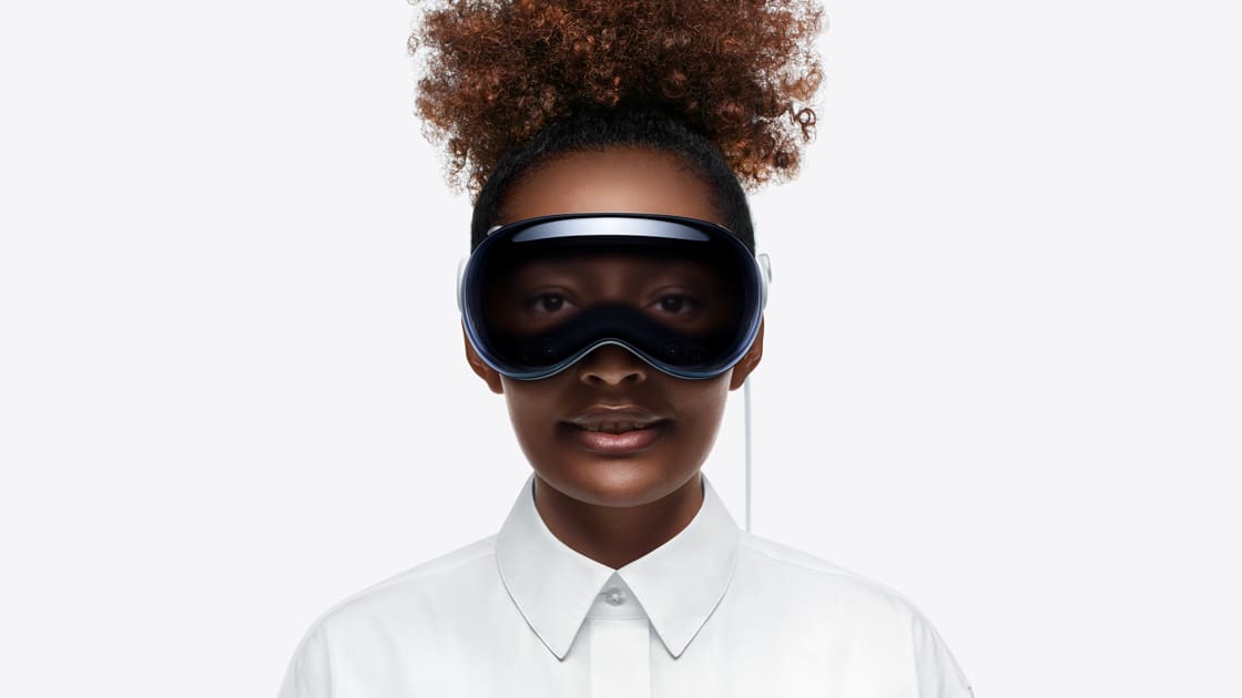 Apple Vision Pro headset on a woman. 