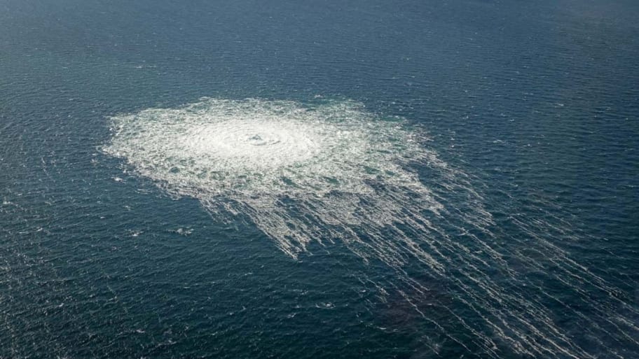 Gas bubbles from the Nord Stream 2 leak reaching the surface of the Baltic Sea near Bornholm, Denmark, Sept. 27, 2022.