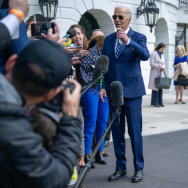 U.S. President Joe Biden speaks to reporters before boarding Marine One on the South Lawn of the White House.